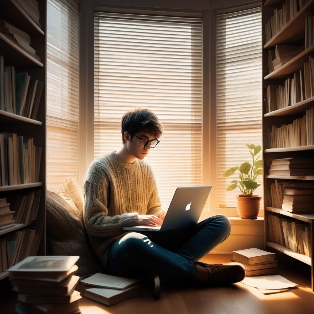 Cozy Bookworm Tends to Laptop in Study