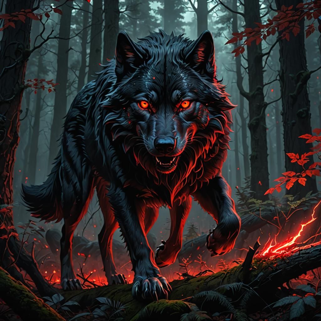 Dark Wolf Hunts in a Dark Fantasy Forest
