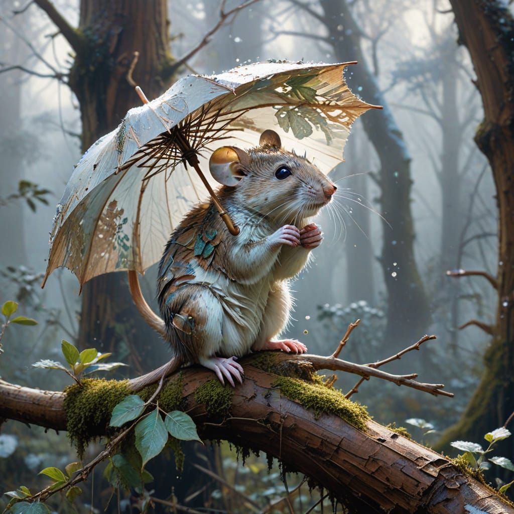 Ethereal Mouse Sheltering Under Leaf in Snowy Forest