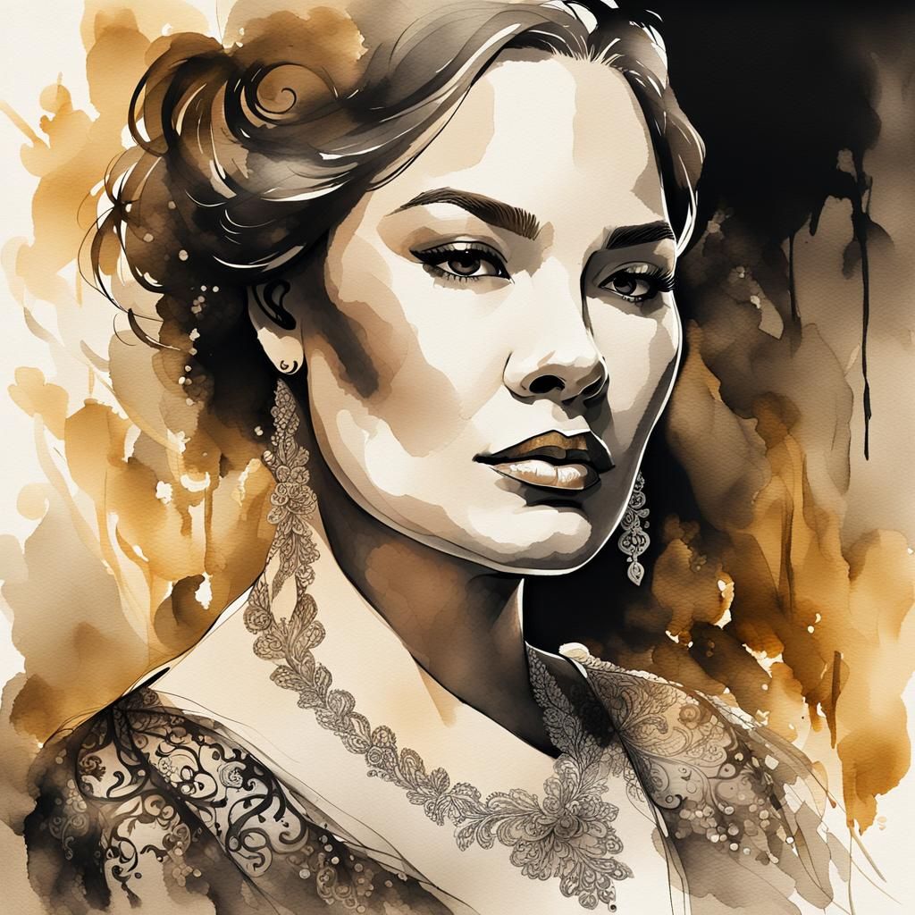 Elegant Woman in Evening Gown: Ink Wash Portrait