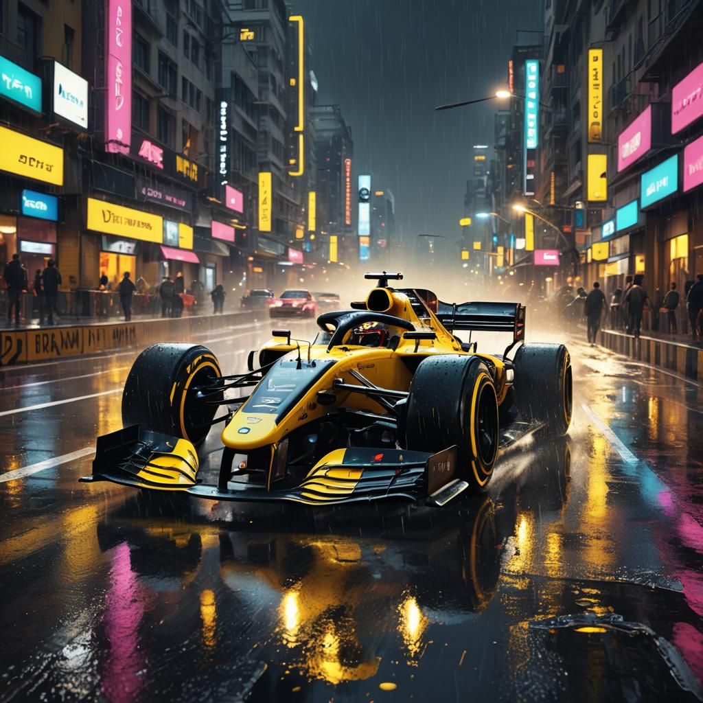 Formula One Car Races Through Neon Cityscape