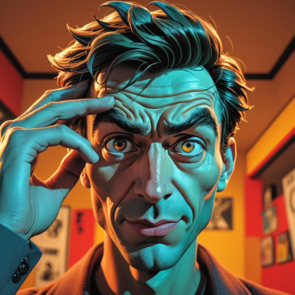 Humorous Caricature: Man's Face Distorted by Wide-Angle Lens