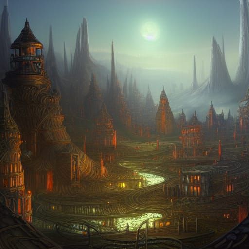Industrial Elven City Painting in Detailed Fantasy Style