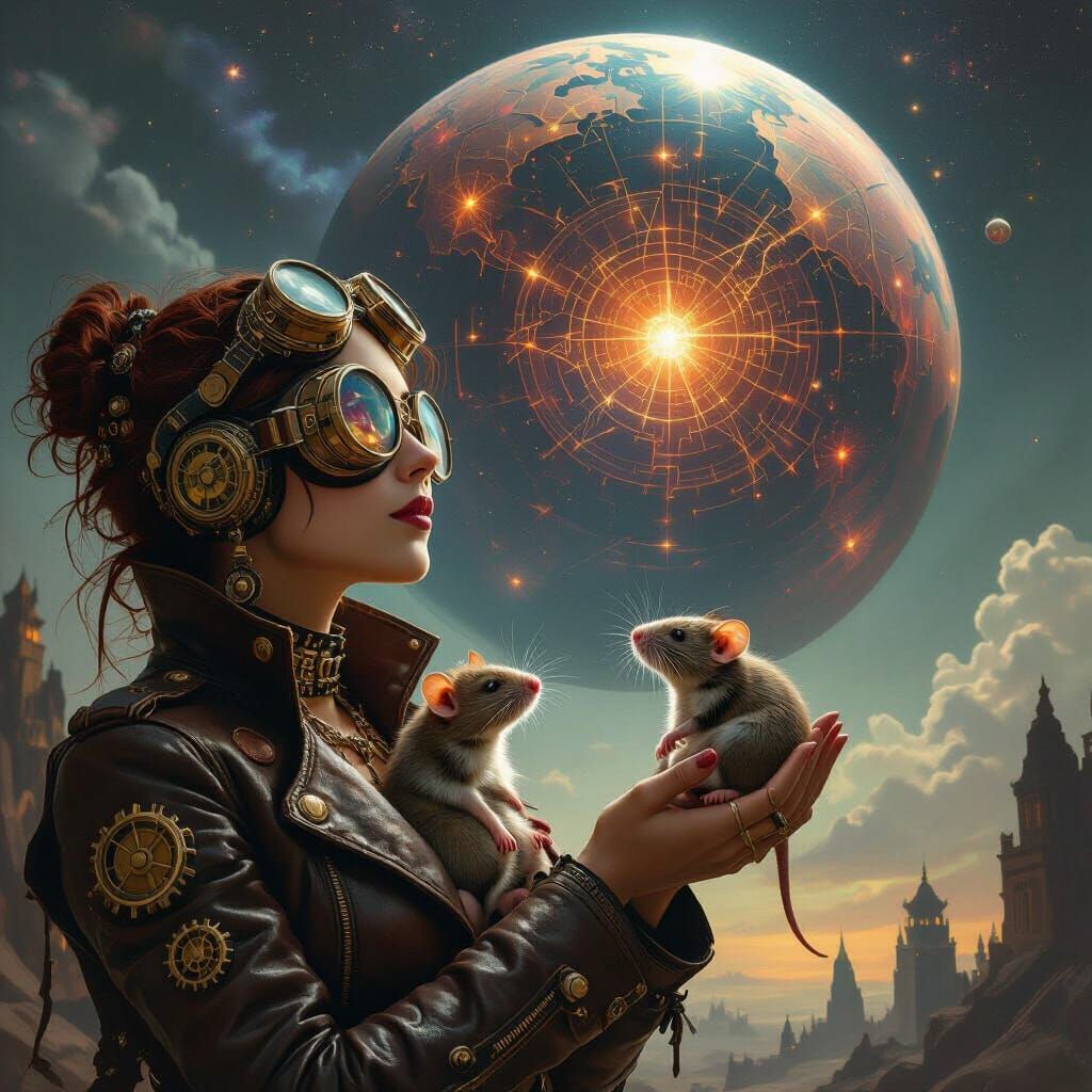 Steampunk Woman Cradles Rats Beneath Cosmic Planet