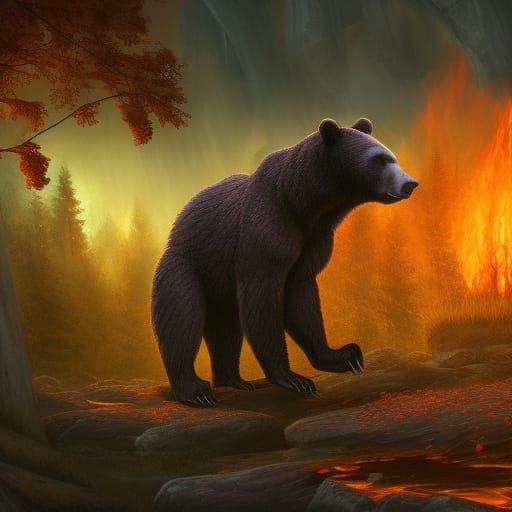 Bear by Fire on Autumn Night: Detailed Matte Painting