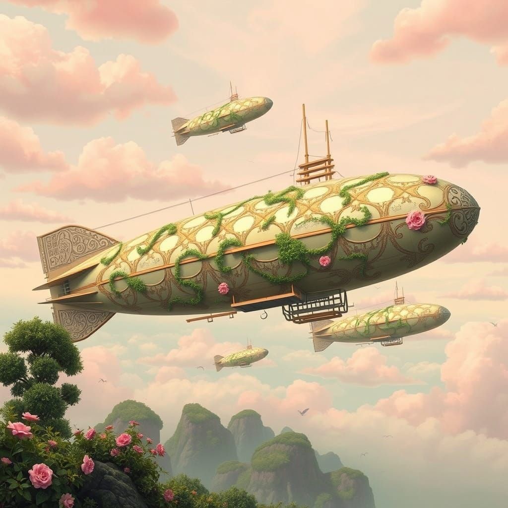 Botanical Airships in Pastel Sky, Surreal Art