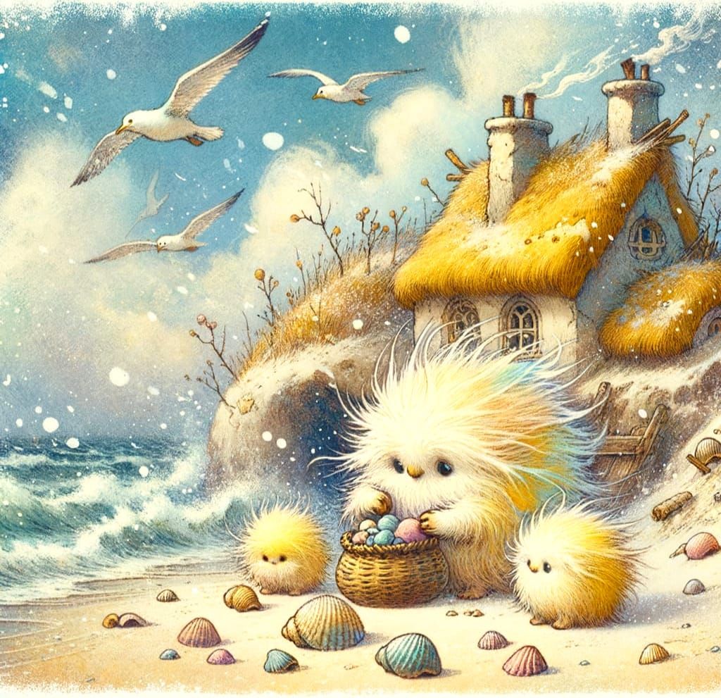 Whimsical Pre-Raphaelite Fantasy Creatures Collecting Shells...