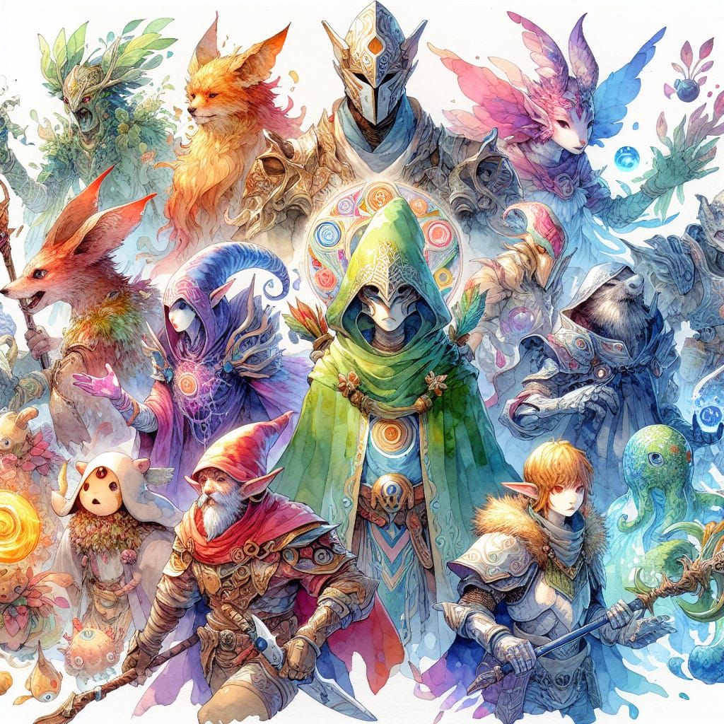 Detailed Watercolor Illustration of RPG Game Heroes