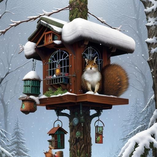 Colorful Squirrels Flock to Snowy Bird Feeder