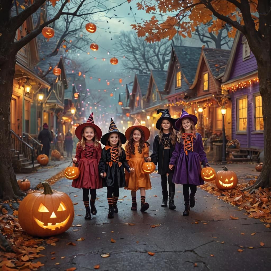 Halloween Trick-or-Treaters in Whimsical Digital Art