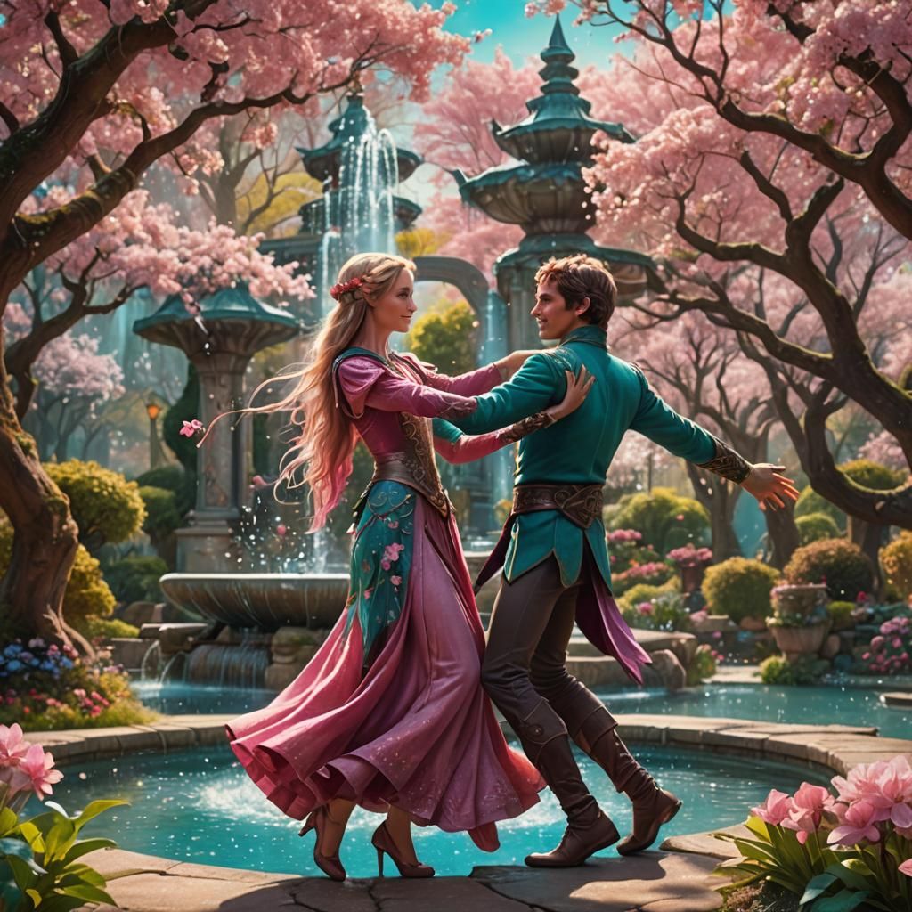 Elves Dancing in a Blossoming Garden as Fantasy Art