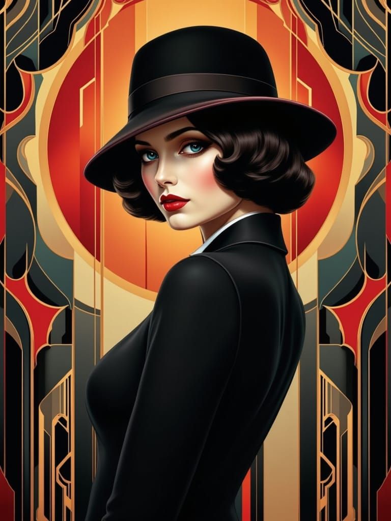 Sultry Art Deco Femme Fatale in Noir Detective Style