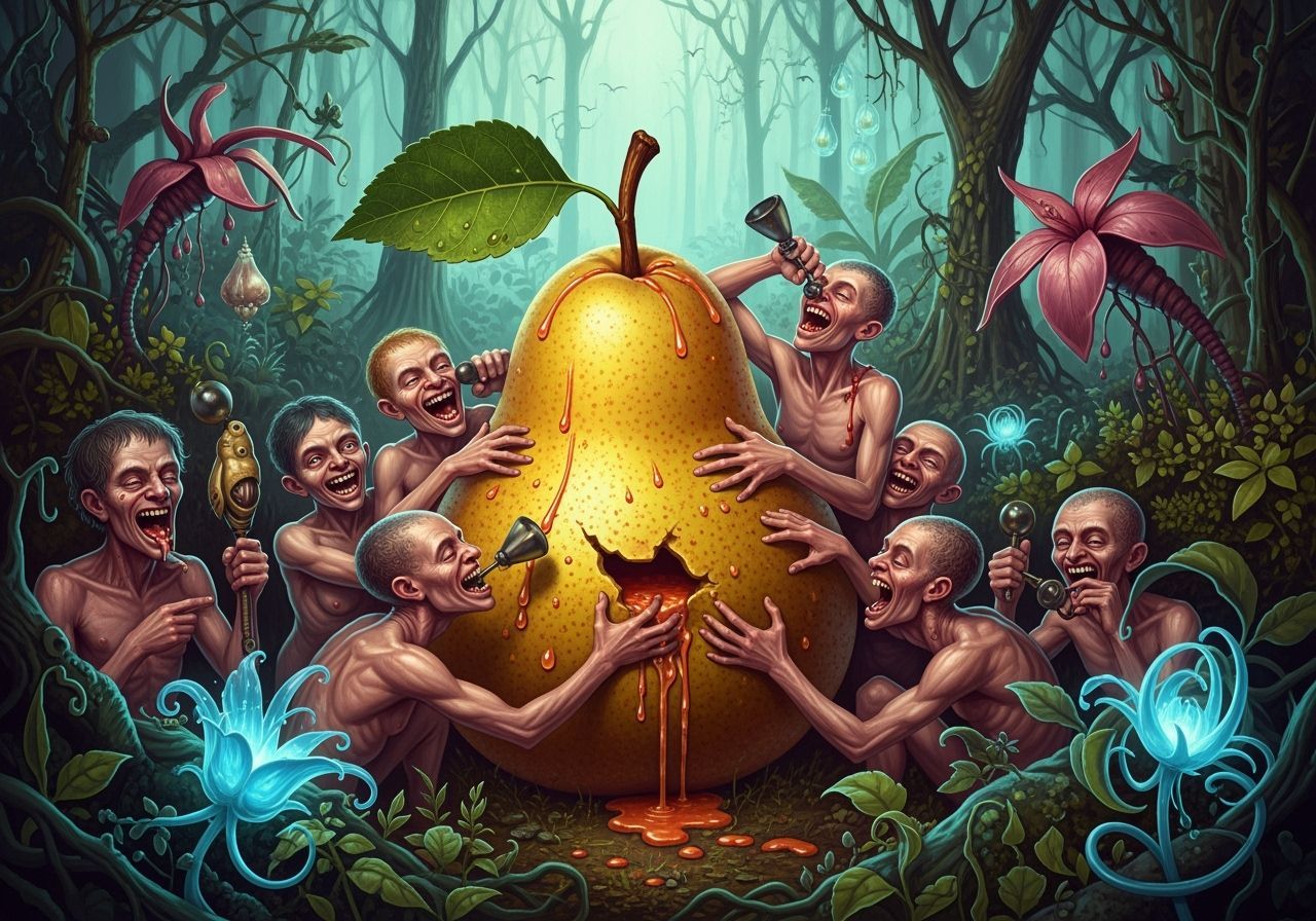 Mutant Humans Celebrate Giant Pear in Eerie Jungle
