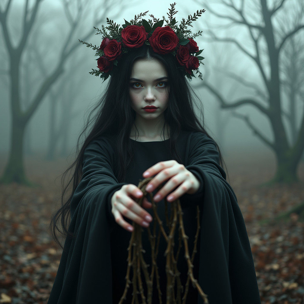 Girl With Roses and Flowing Black Gown