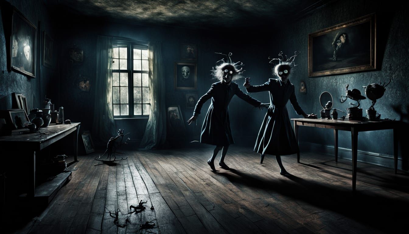 Surreal Nightmarish Figure Dances in Dimly Lit Room