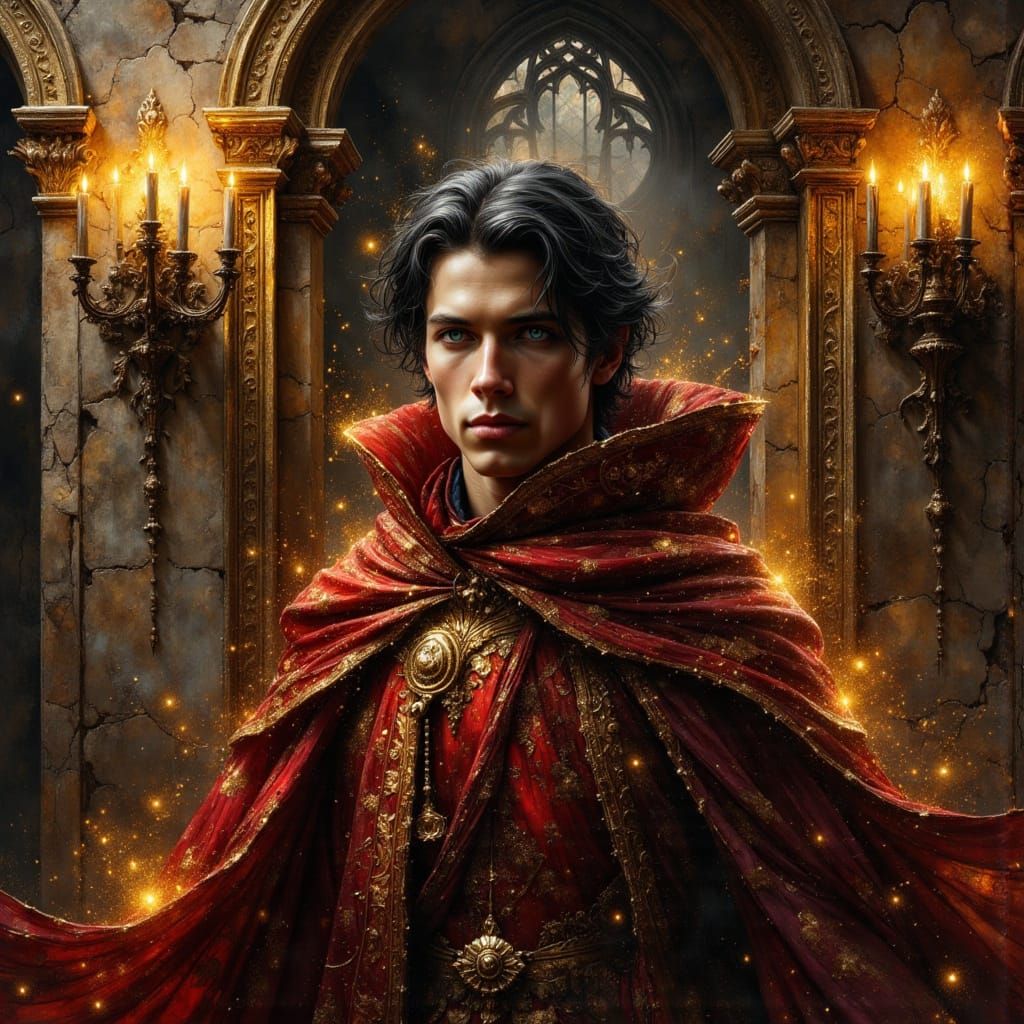 Sorcerer in Gothic Hall Bathed in Firelight