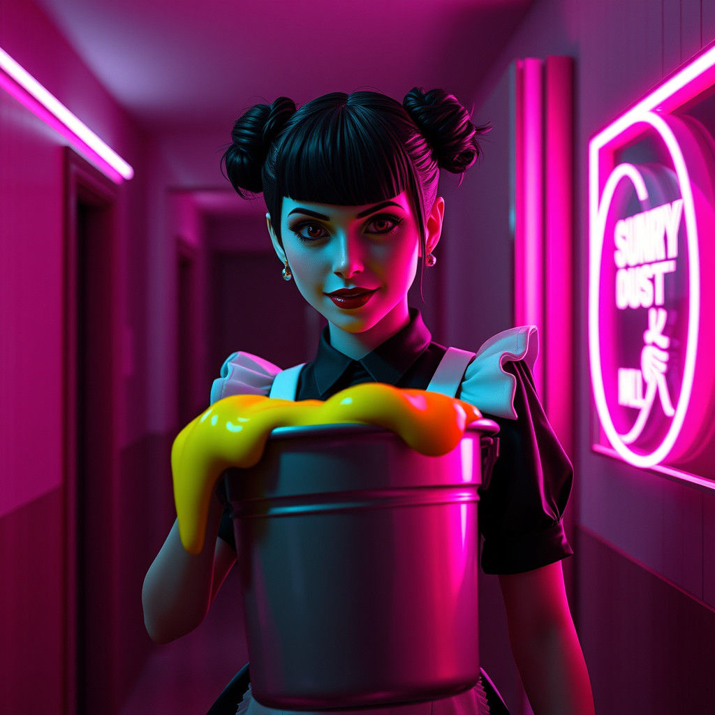 Neon French Maid in Dystopian Setting