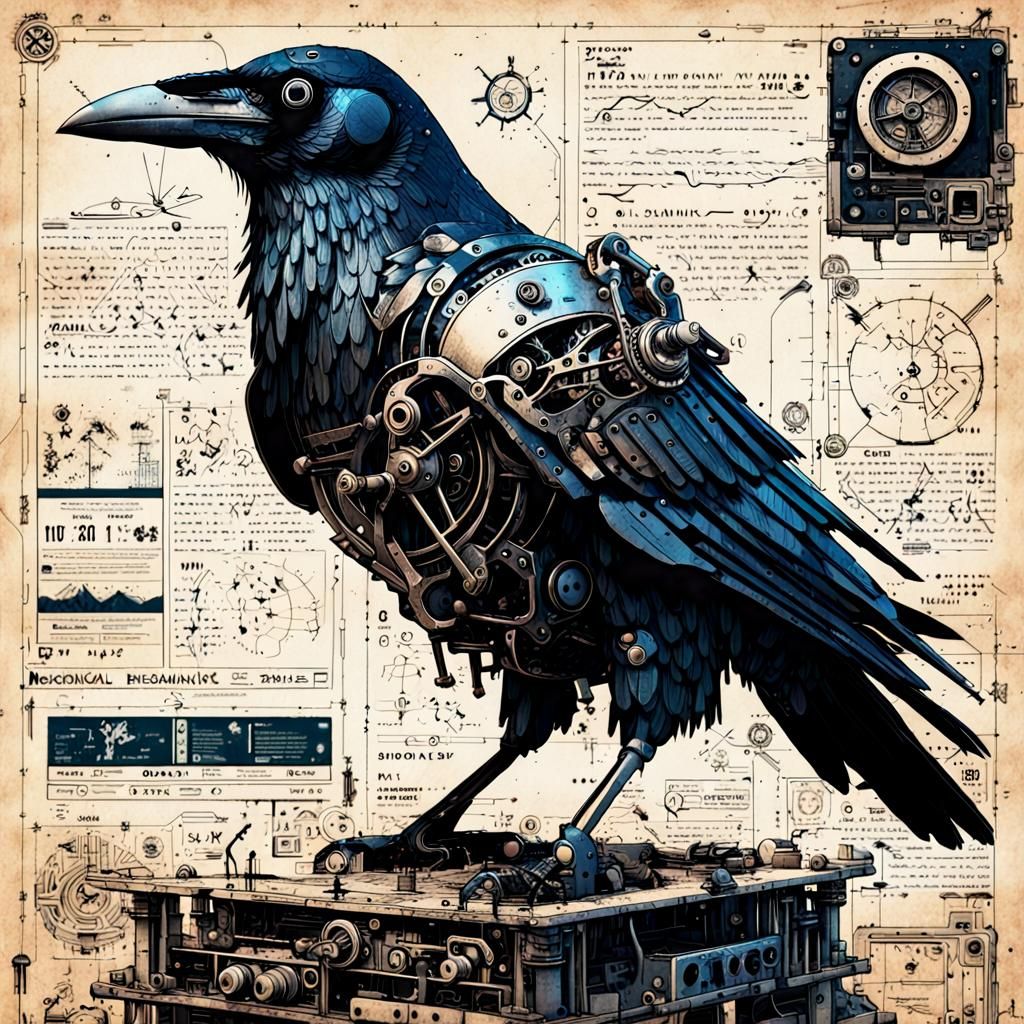 Steampunk Mechanical Raven Blueprint in VRay Octane Render