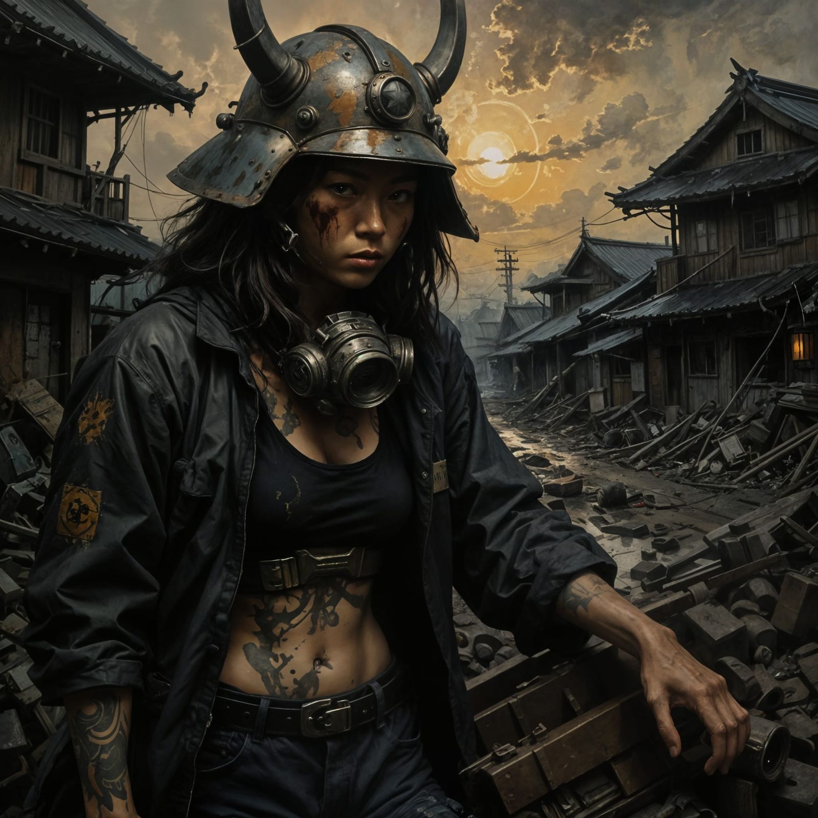 Gritty Oil Painting of a Woman in a Ruined Japanese Village