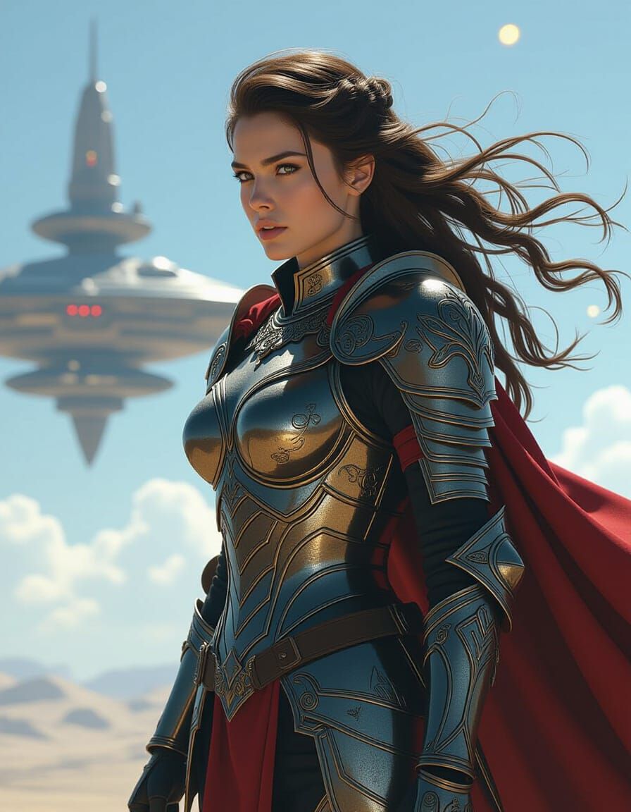Rebecca in Armor with Flowing Cape, in Sci-Fi Style