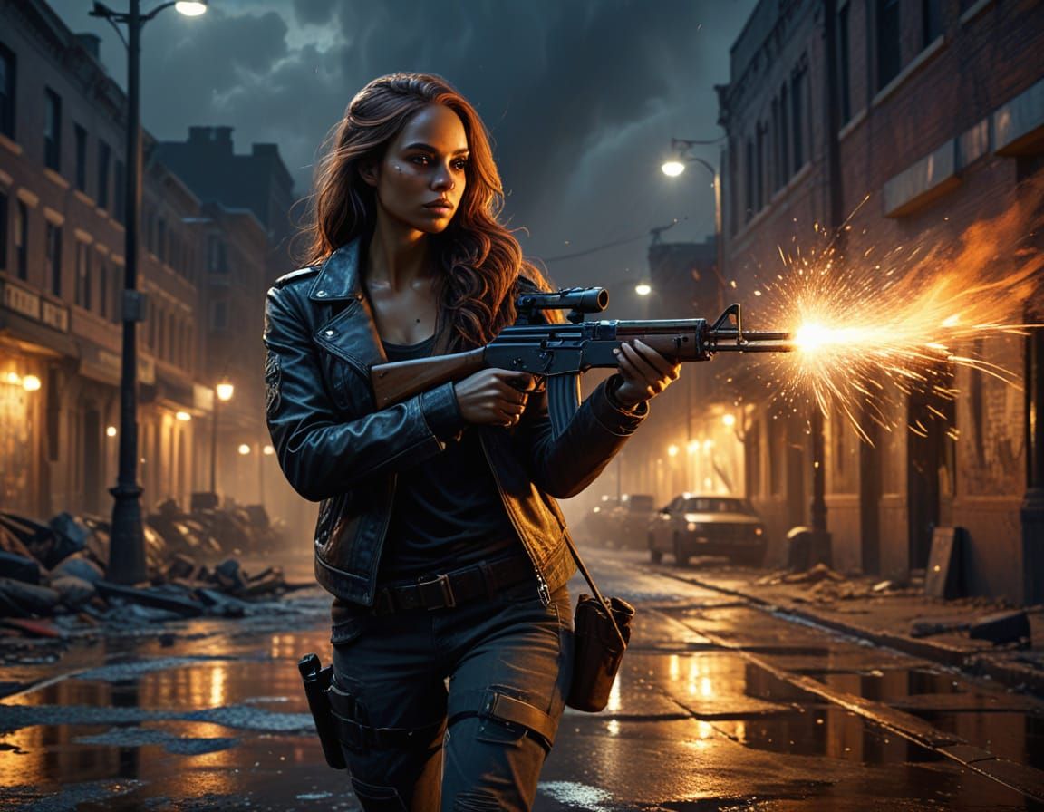 Nihilistic Rebel in Urban Battle Zone, Oil Painting