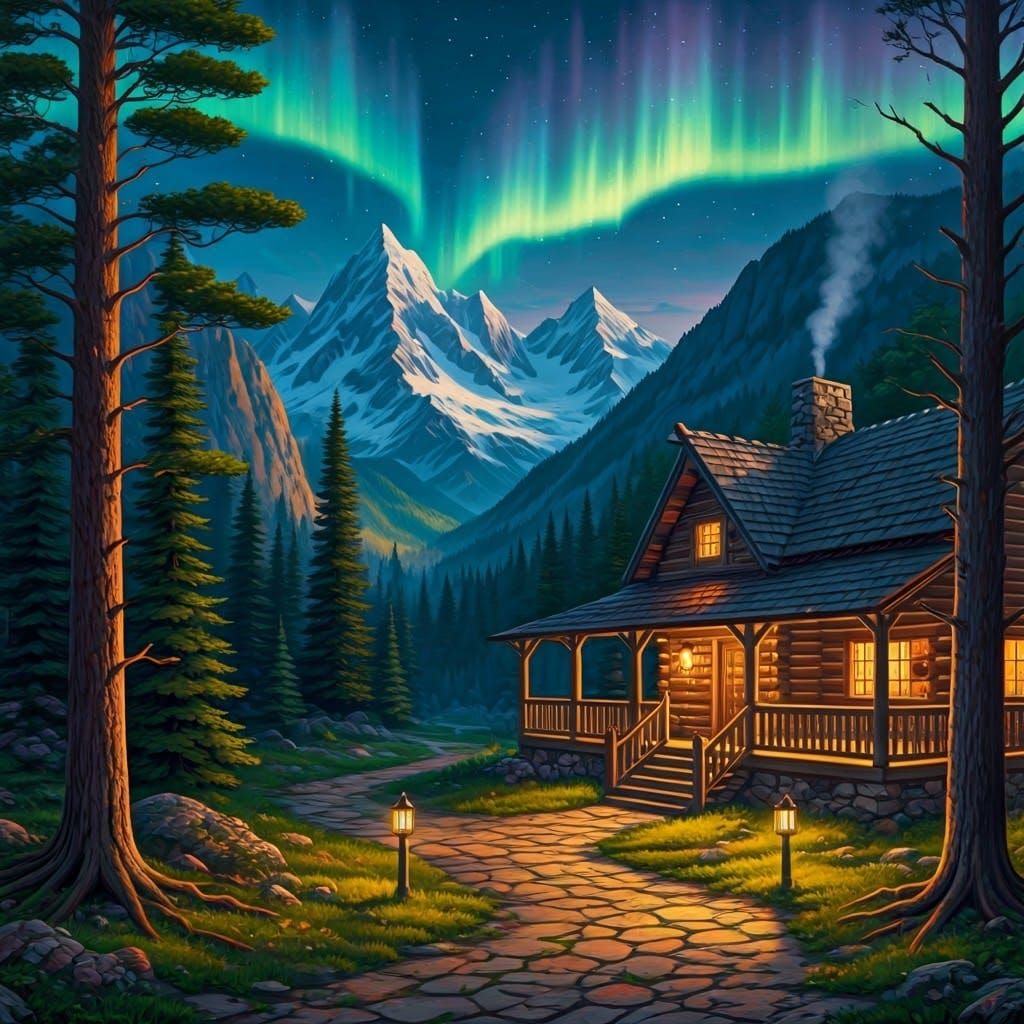 Mountain Cabin at Dusk with Northern Lights