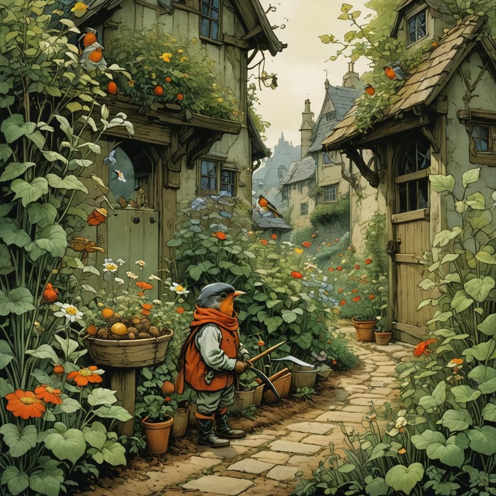 Robin Watches Young Gardener: Whimsical Fairy Tale Art