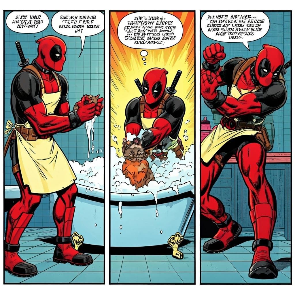 Deadpool Battles Whimsical Chaos in Retro Comic Book Style