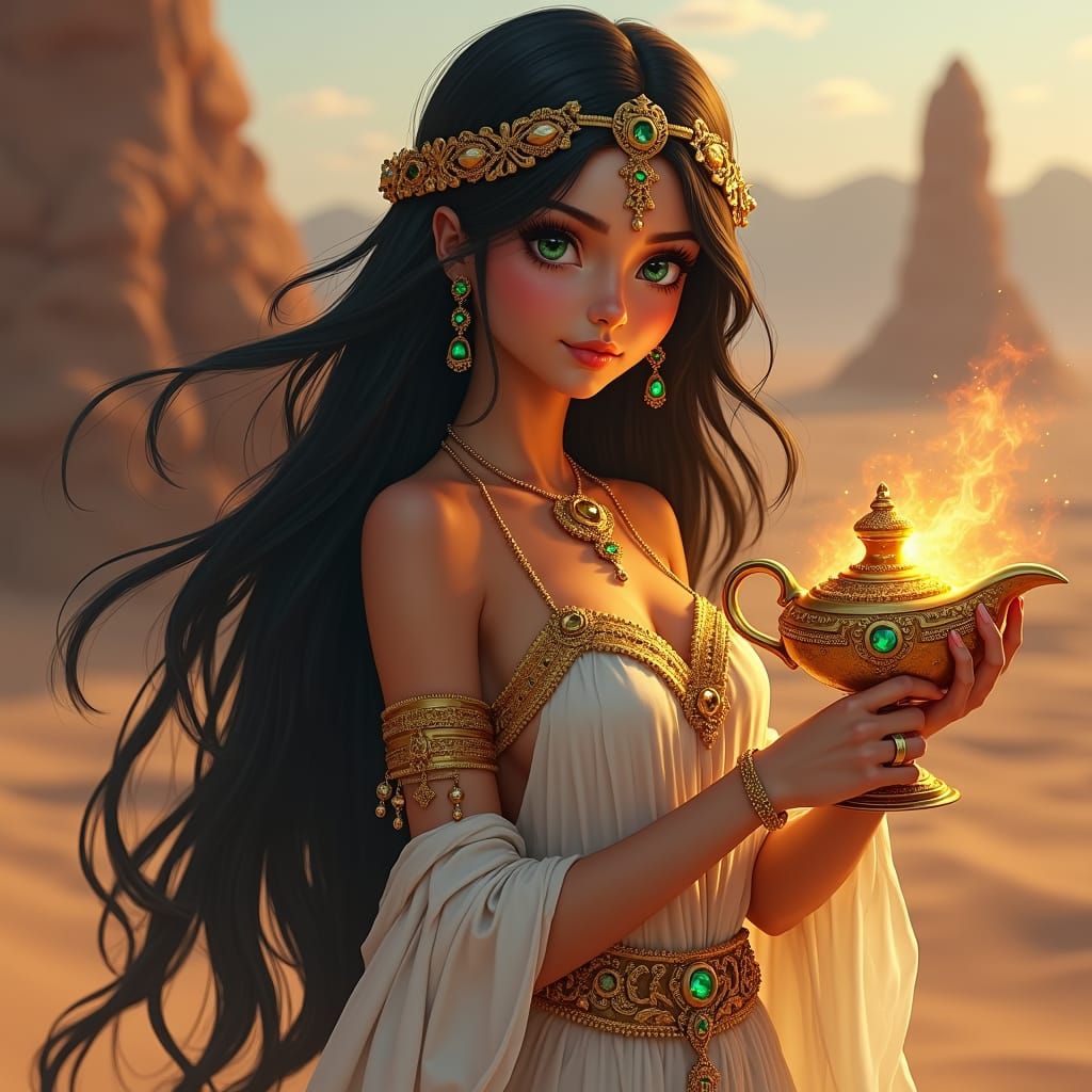 Beautiful Genie Woman with Golden Lamp