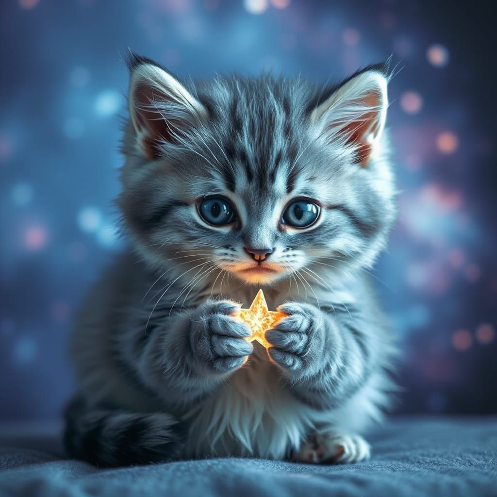 Fluffy Azure Kitten Holds Sparkling Star in Nebula