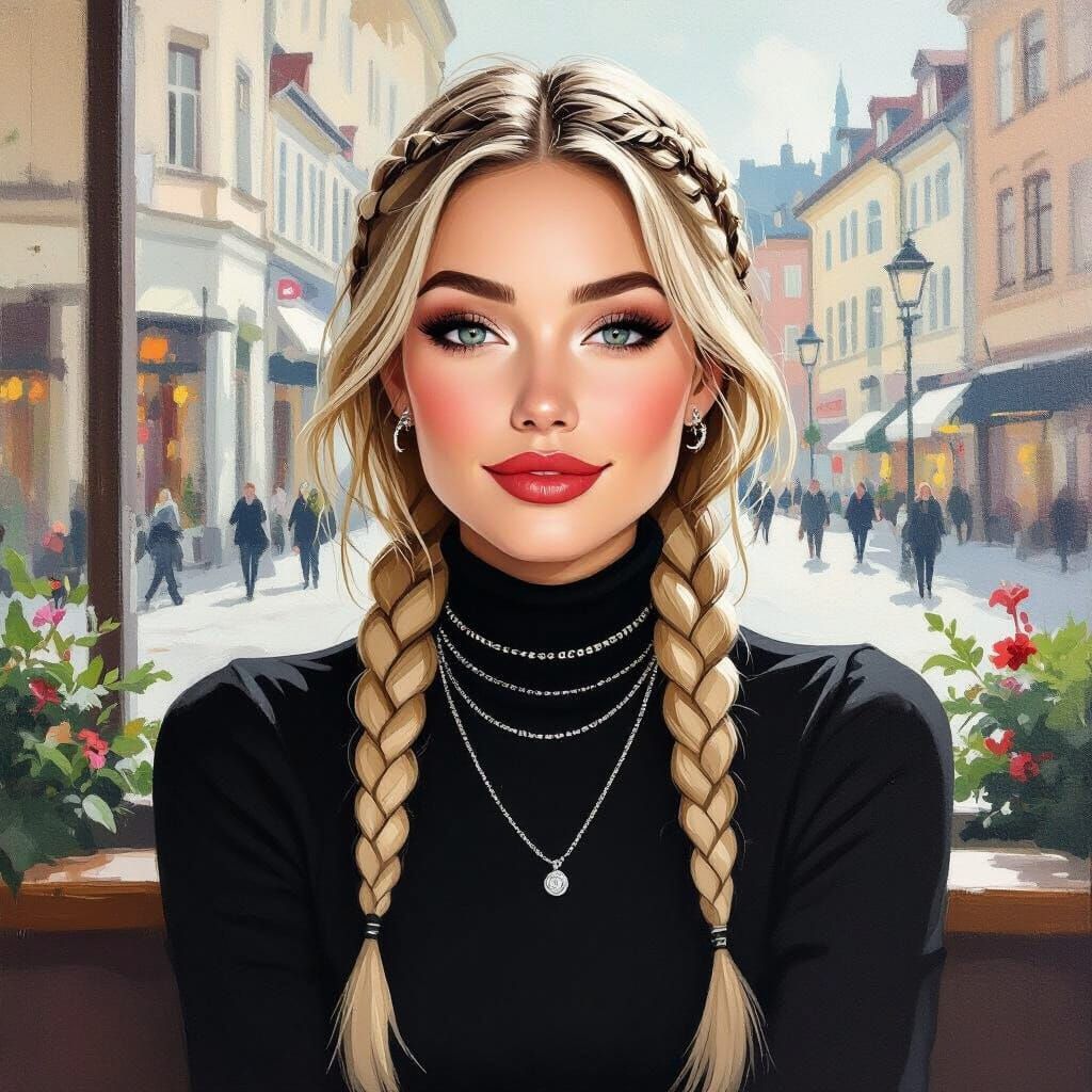 Minimalist Oil Painting of Swedish Woman in Cafe