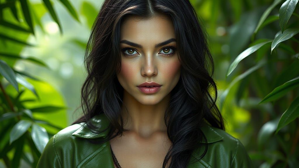 Dark Haired Woman in Green and Gold Leather