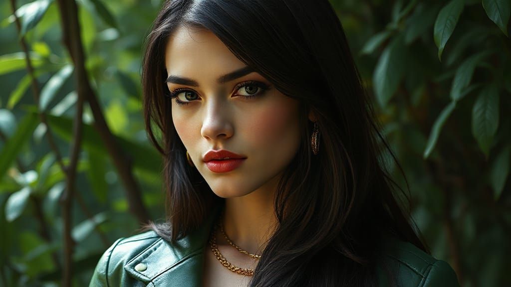 Stunning Woman in Green and Gold Leather