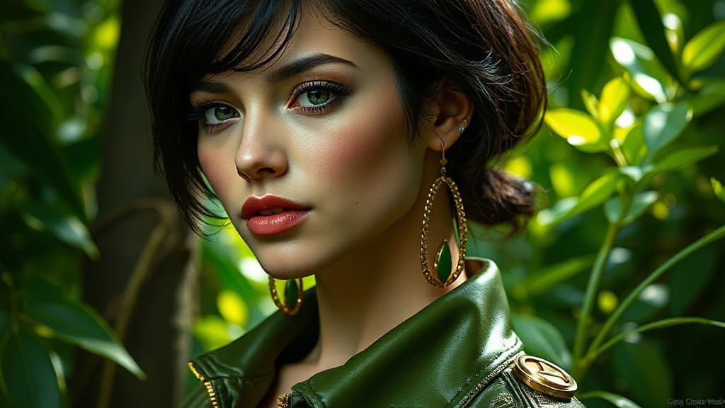 Dark Haired Woman in Green Gold Leather, Paradise Background