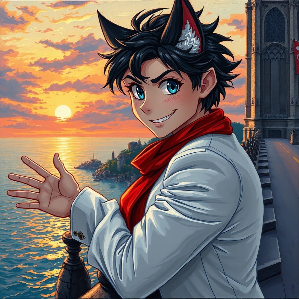 Kemonomimi Man Gazing at Sunset: Impasto Acrylic