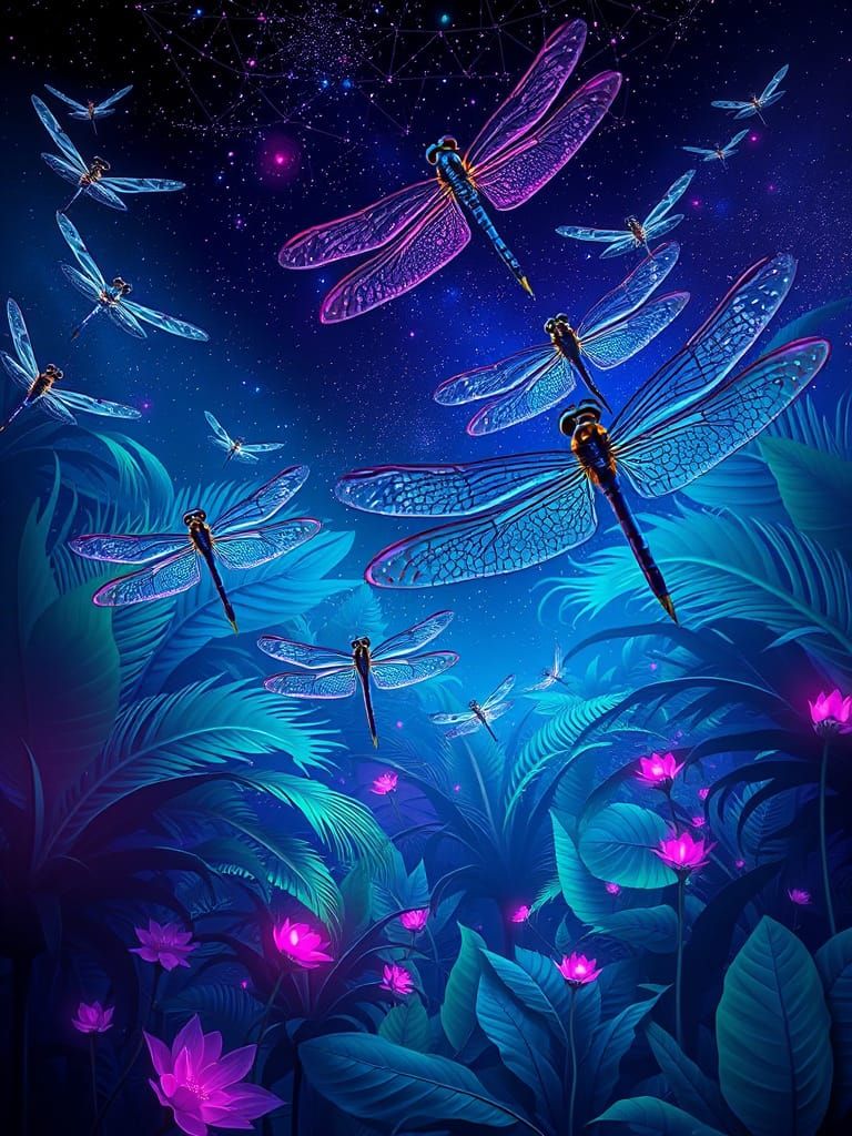 Giant Dragonflies in Flight with Neon Lights