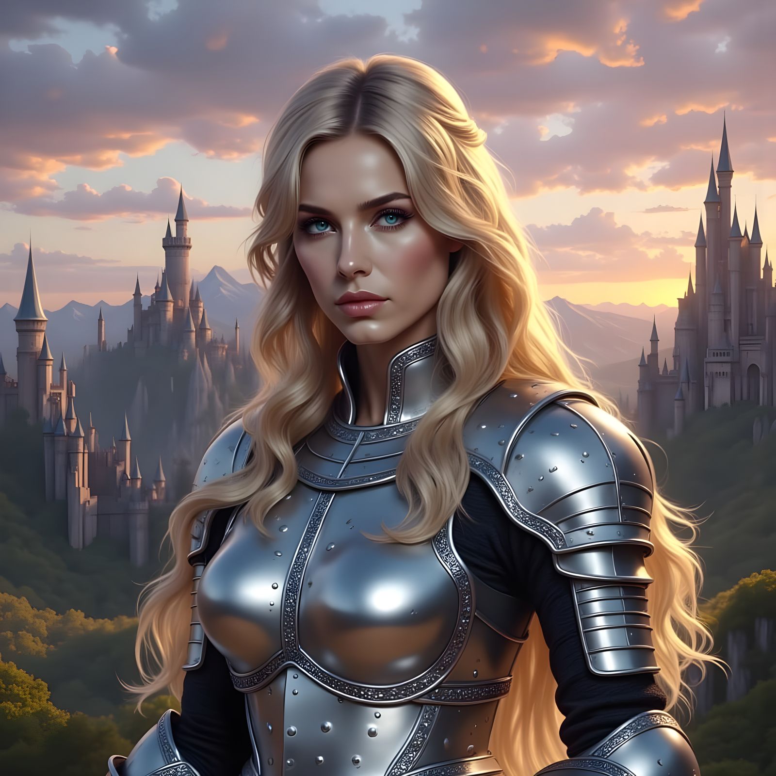 Surreal Portrait of a Young Woman in Silver Armor