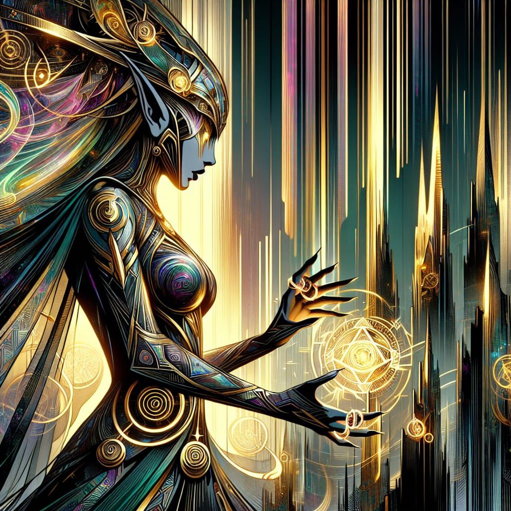Elven Sorceress in Hypermaximalist Art Deco