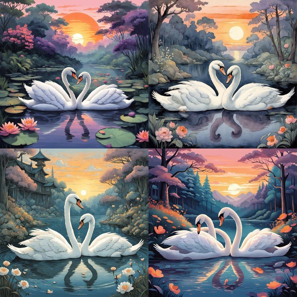 Cartoon Swans Form Heart Silhouette at Sunset