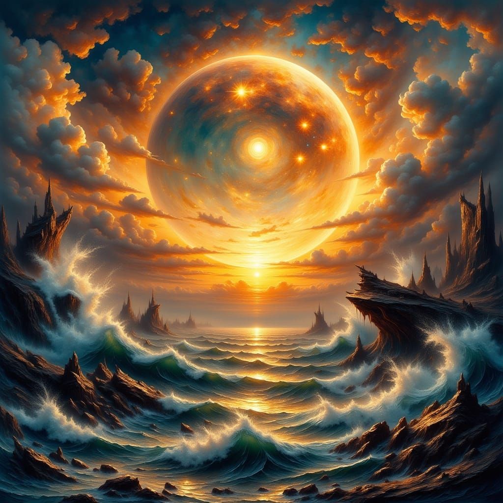 Surreal Sunset Seascape with Planet in Watercolor Style