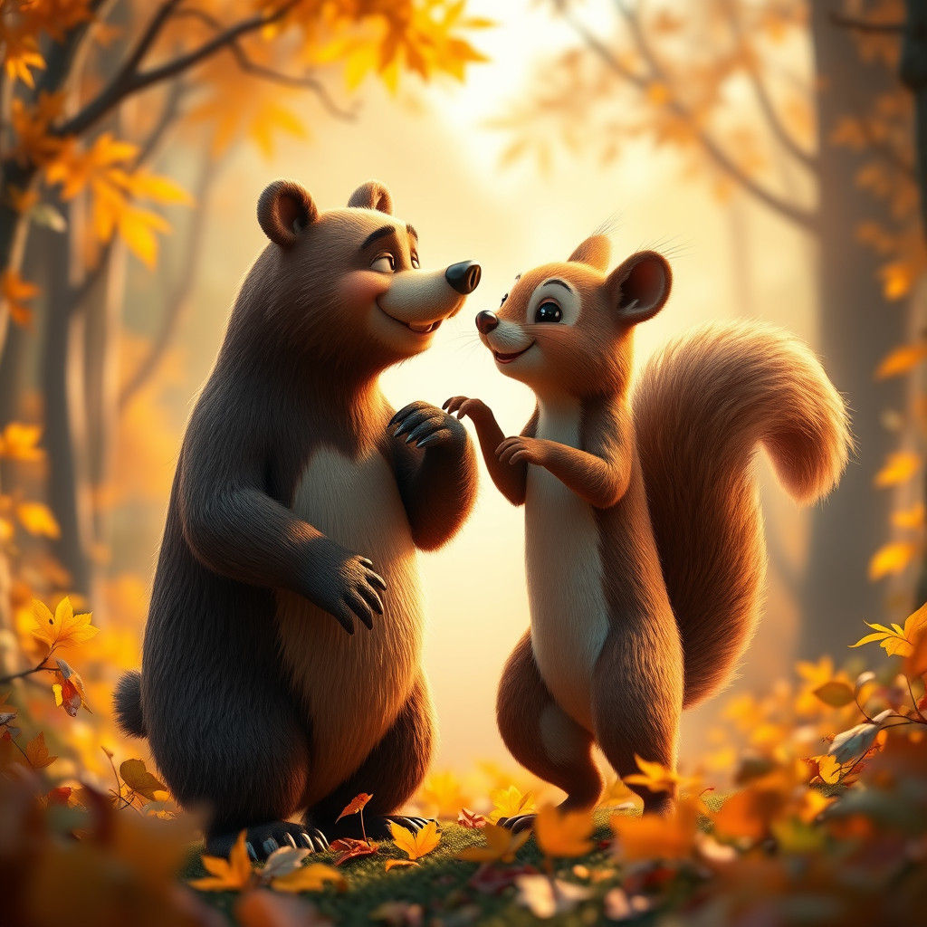 Playful Bear and Squirrel in Autumn Forest, 3D Animation