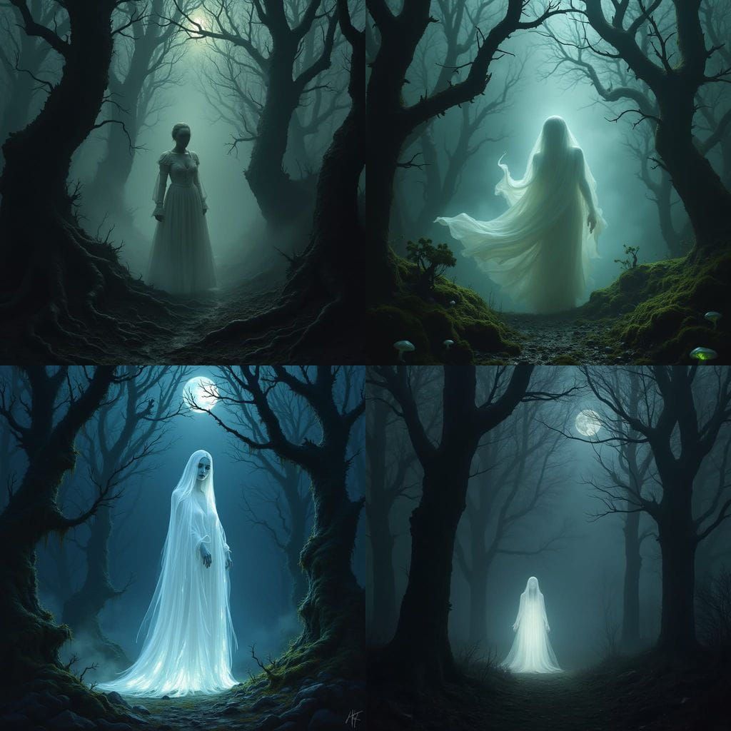 Creepy Forest Scene With White Female Ghost
