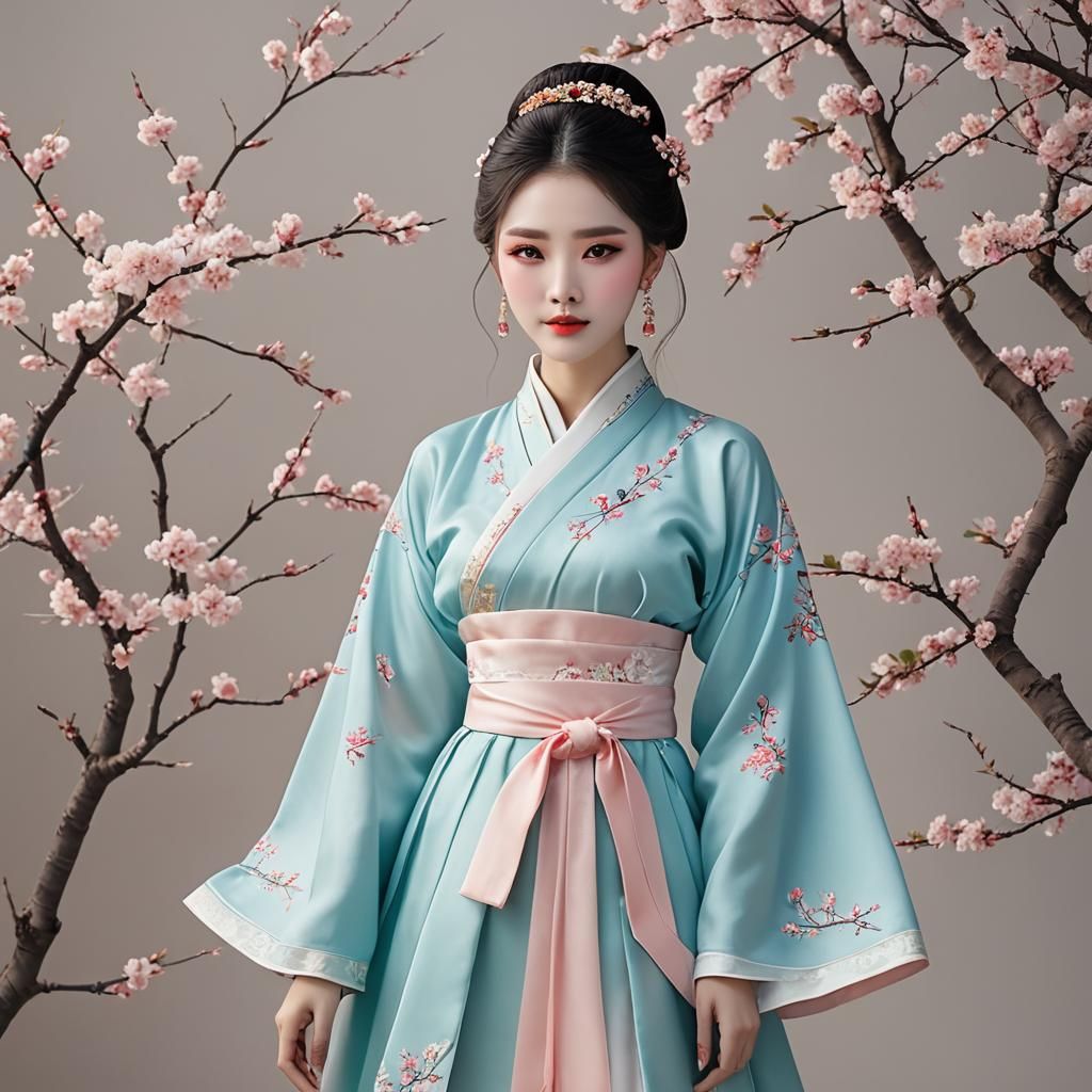 Chinese Girl in Hanfu Dress with Peach Blossom Embroidery