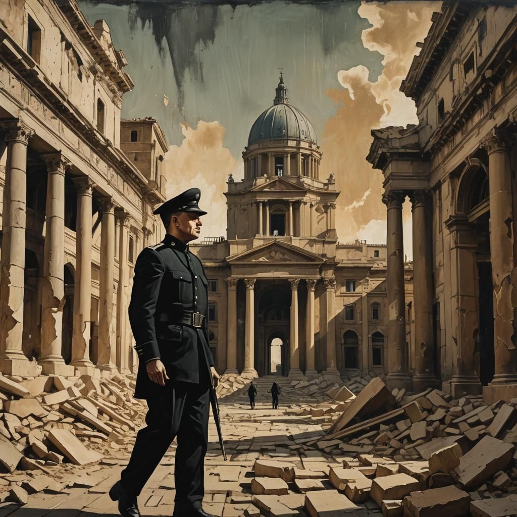 Dystopian Figure Marching in Surrealist Propaganda Poster