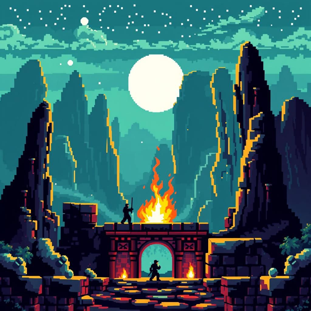 8-bit Pixelated Video Game Scene