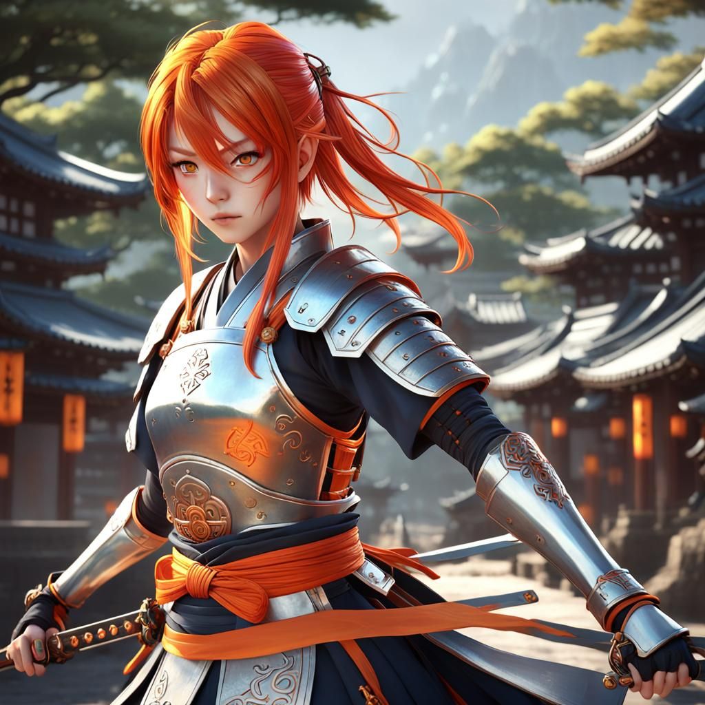 Orange-Haired Samurai Woman in 3D Anime Style
