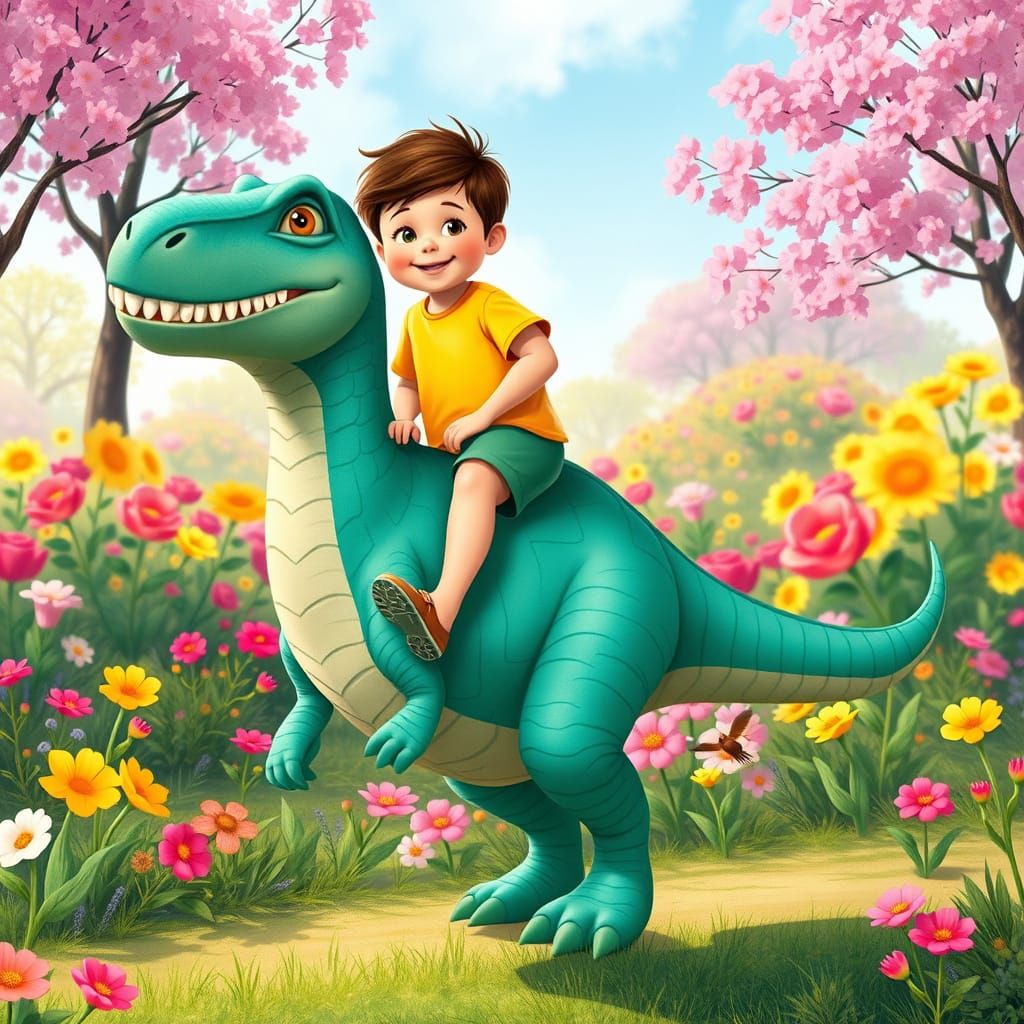Child Rides Dinosaur in Colorful Park, Illustrated Style