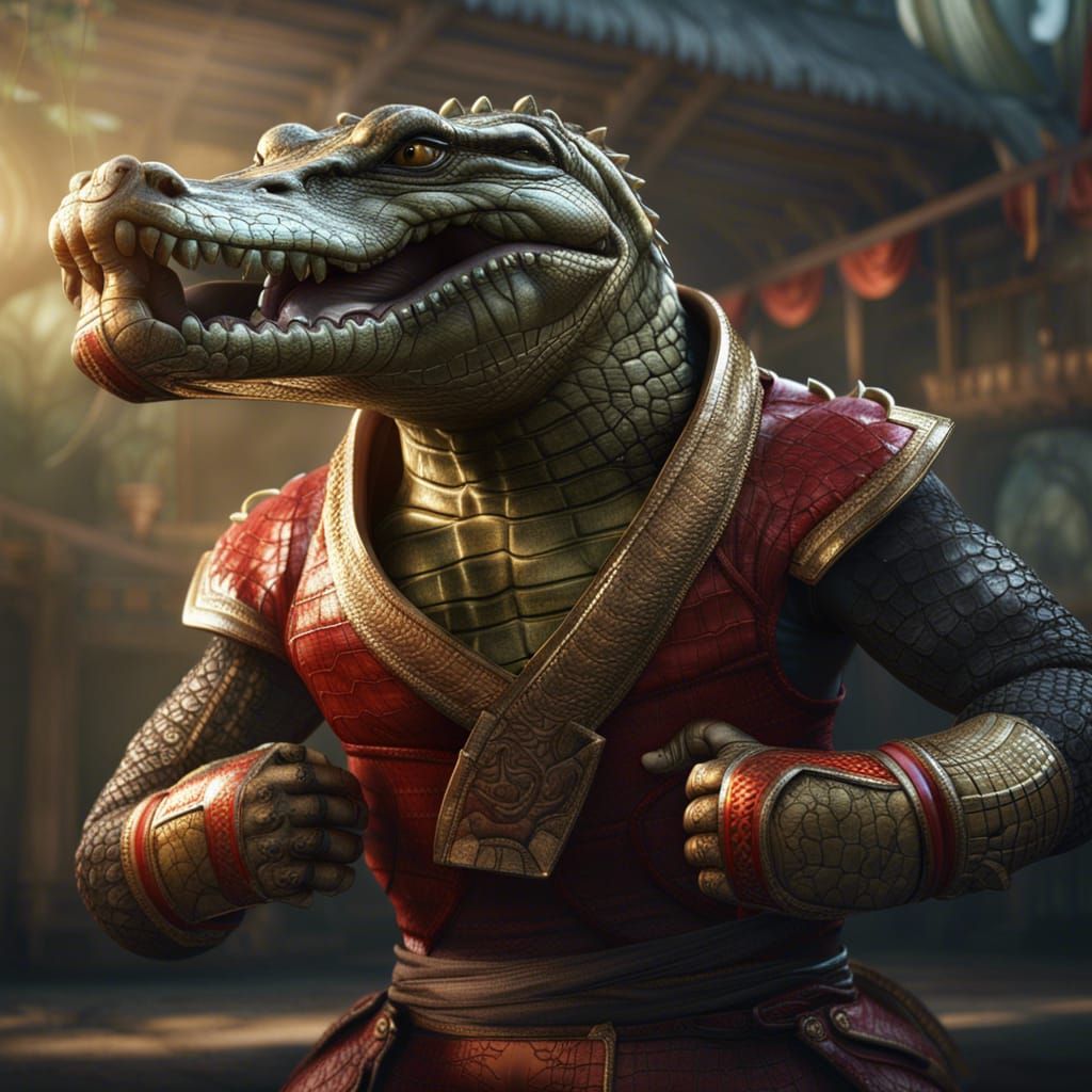 Crocodile in Muay Thai Uniform: Realistic, Detailed Art