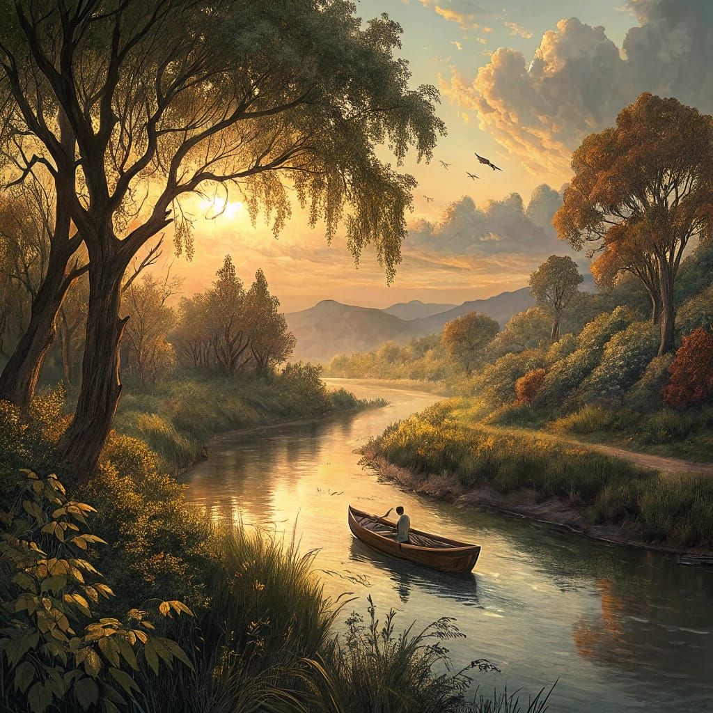 Riverbank Serenity in Watercolor Style