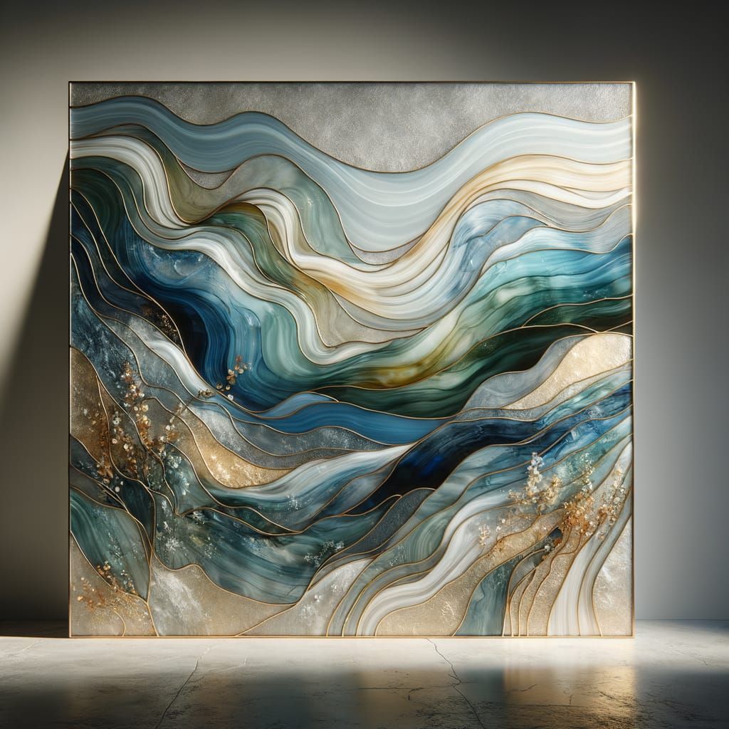 Surreal Glass Masterpiece with Wavy Blues and Greens